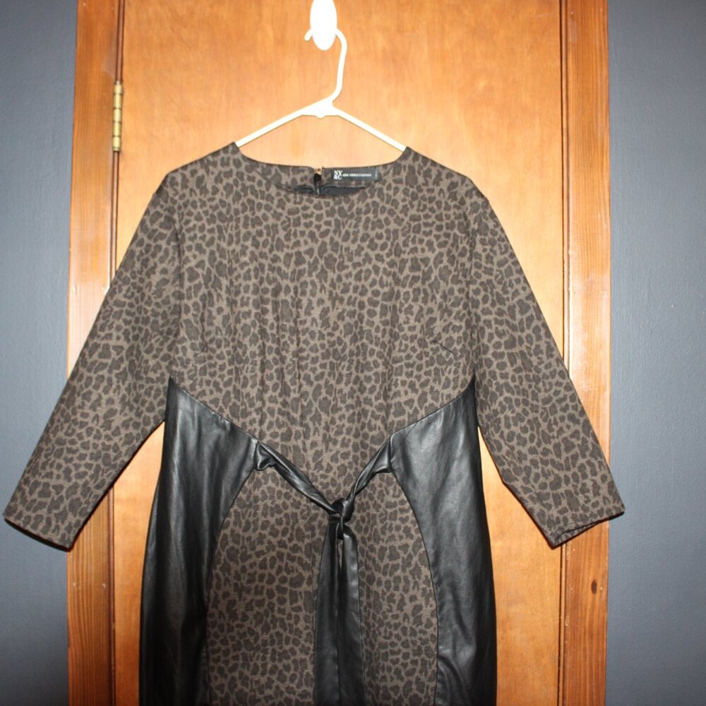 NY & Co Leopard Print Faux Leather Panel Sheath Dress Belted XXL